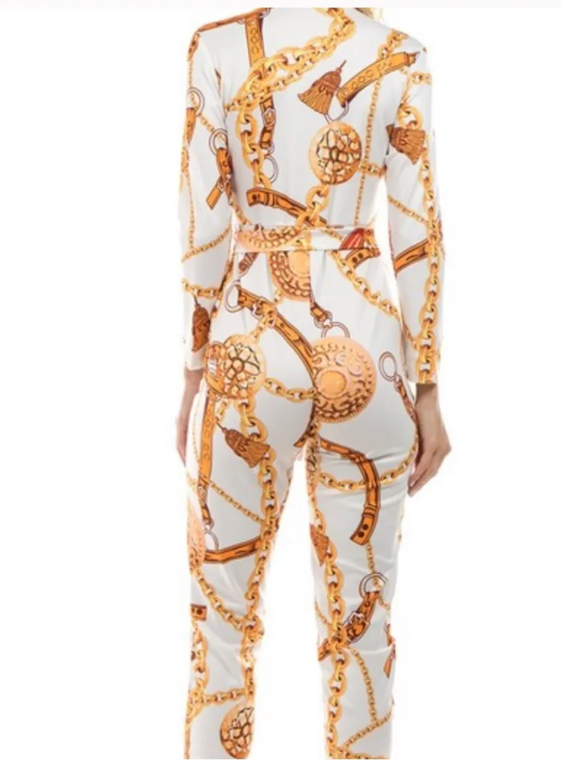 Women’s White Gold Chain Print Jumpsuit sold by Unleashed Streetwear product image thumbnail 2