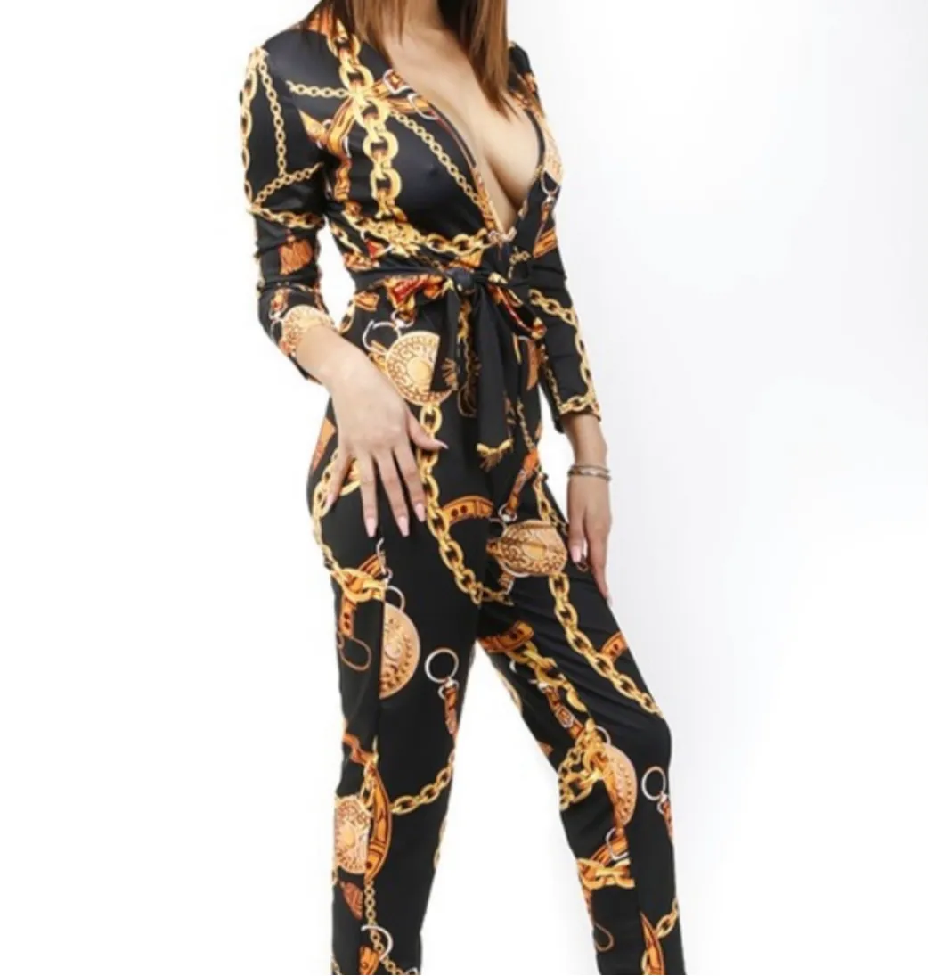 Women’s Black Gold Chain Print Jumpsuit sold by Unleashed Streetwear