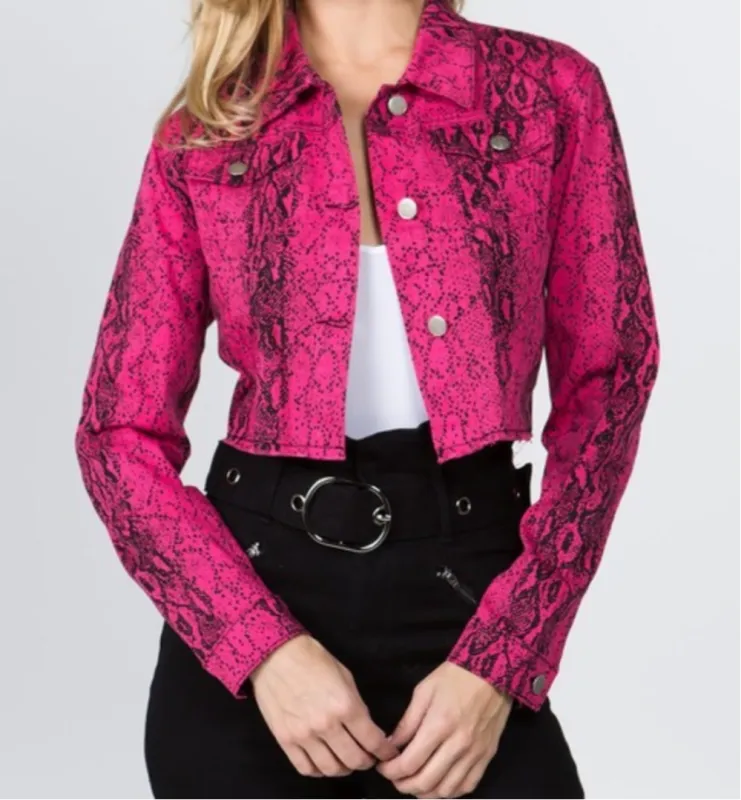 Women’s Hot Pink Snake Skin Print Jean Jacket sold by Unleashed Streetwear