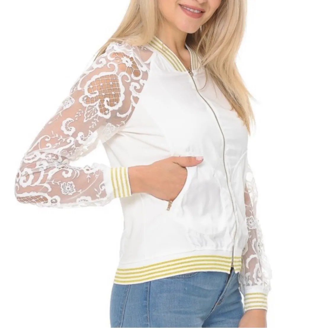 Women’s Off White Lace Zip Up Jacket sold by Unleashed Streetwear