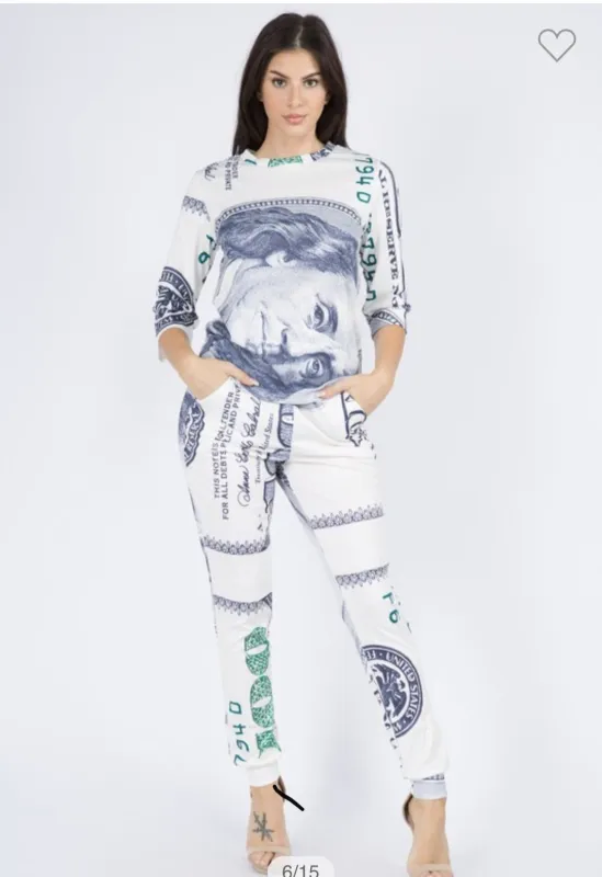 2 Piece Set Money Print Dollar Bill Jumpsuit sold by Unleashed Streetwear