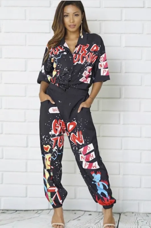 Black Graffiti Print Stretchy Jumpsuit sold by Unleashed Streetwear