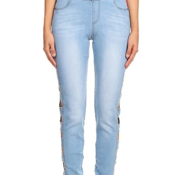 Light Blue Denim Stretch Jeans Cut Out Pants sold by Unleashed Streetwear product image thumbnail 3