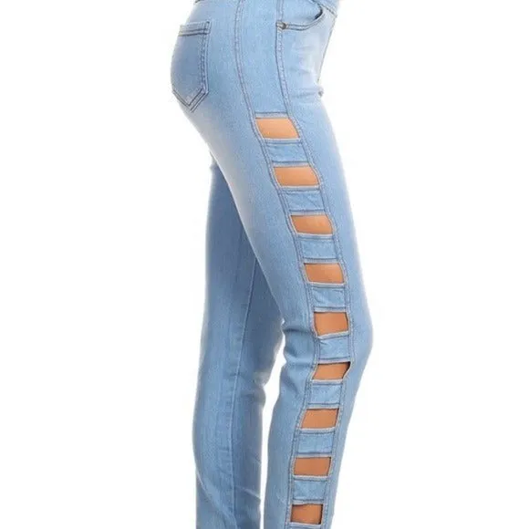 Light Blue Denim Stretch Jeans Cut Out Pants sold by Unleashed Streetwear