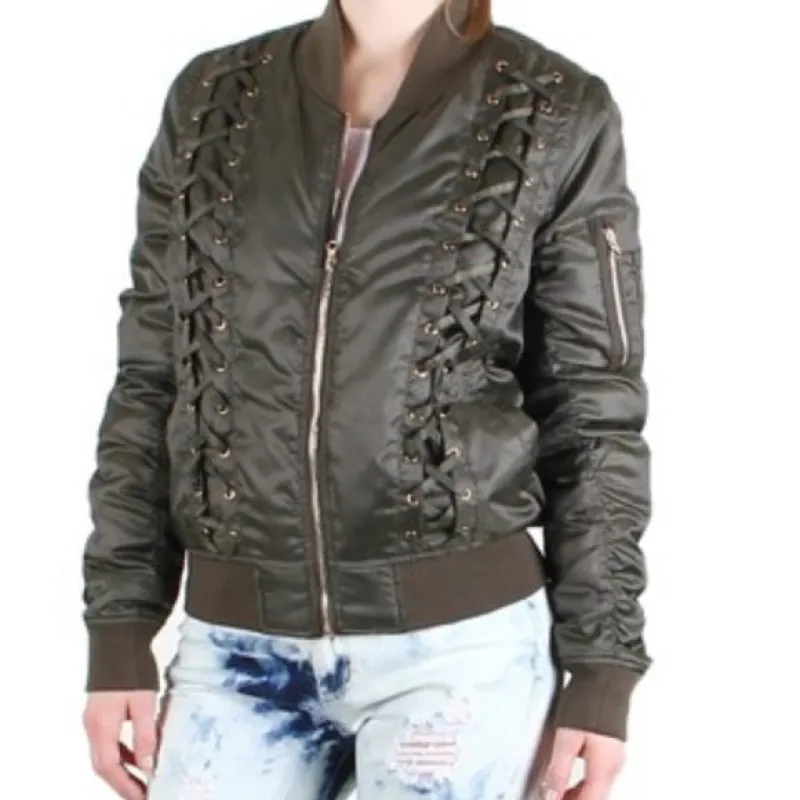 Women’s Lace Up Zip Up Shiny Army Green Bomber Jacket sold by Unleashed Streetwear