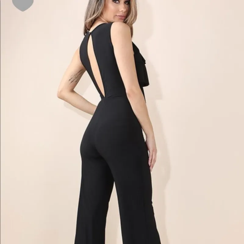 Black Ruffle Catsuit Jumper Romper Stretch sold by Unleashed Streetwear
