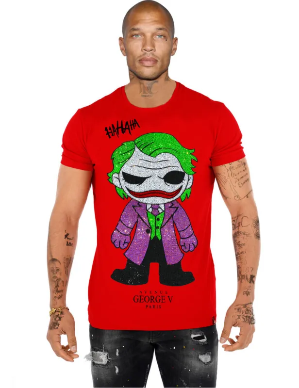 George V Red Joker Rhinestone Designer Men’s Tee Shirt sold by Unleashed Streetwear