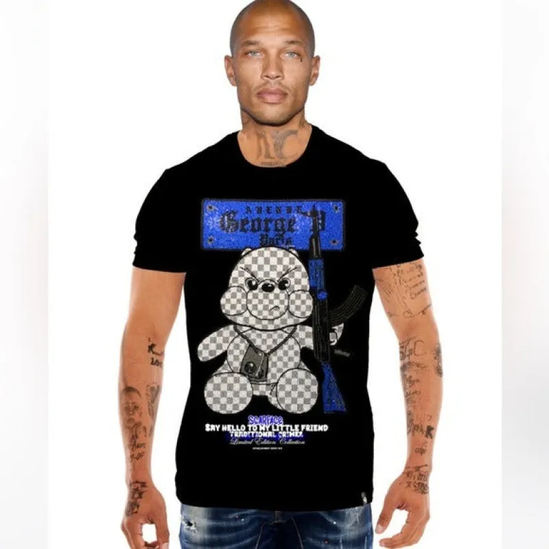 George V Black Blue Designer  Men’s Rhinestone Tee Shirt sold by Unleashed Streetwear