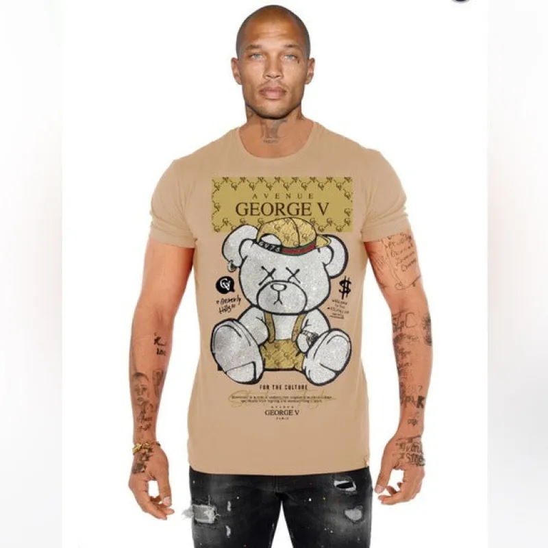 George V Black Beige Designer Men’s Rhinestone Tee Shirt sold by Unleashed Streetwear