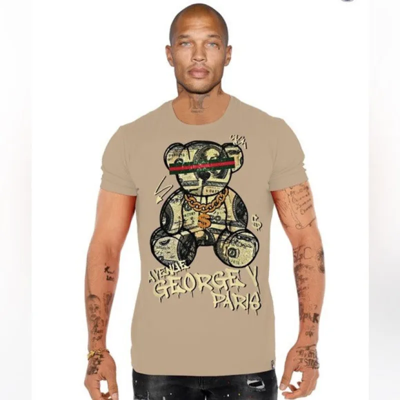 George V Black Beige Designer Men’s Rhinestone Tee Shirt sold by Unleashed Streetwear