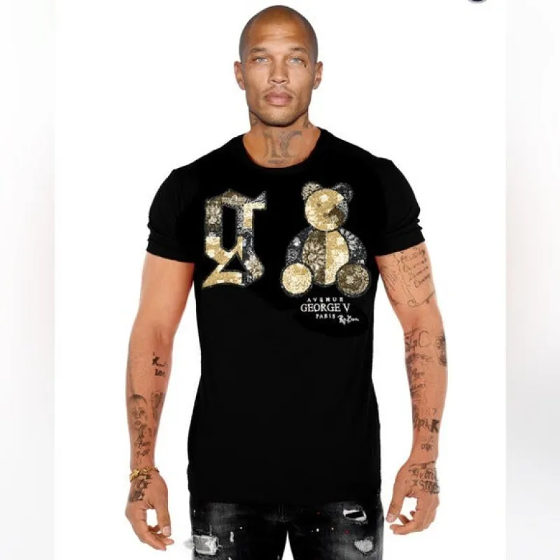 George V Black Beige Designer Men’s Rhinestone Tee Shirt sold by Unleashed Streetwear
