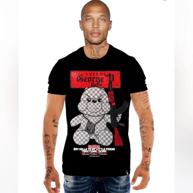 George V Black Red Designer Men’s Rhinestone Tee Shirt sold by Unleashed Streetwear