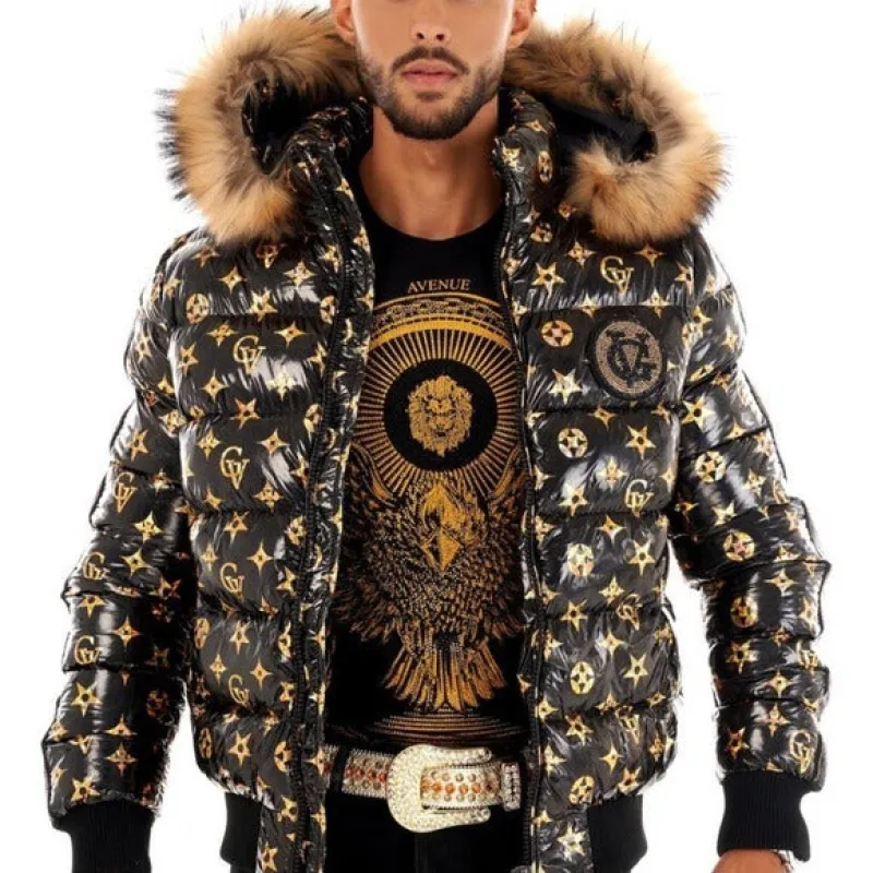 Gold Black Fur Jacket George V Designer Brand From Paris Rhinestone made by Unleashed Streetwear