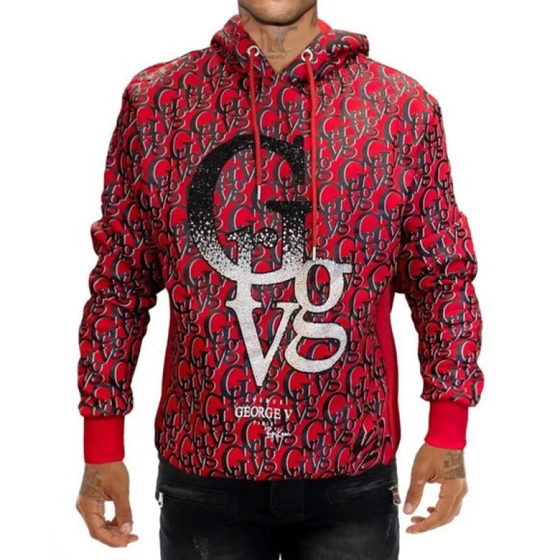 Men’s Black Red Hoodie George V Designer Brand From Paris Rhinestones sold by Unleashed Streetwear