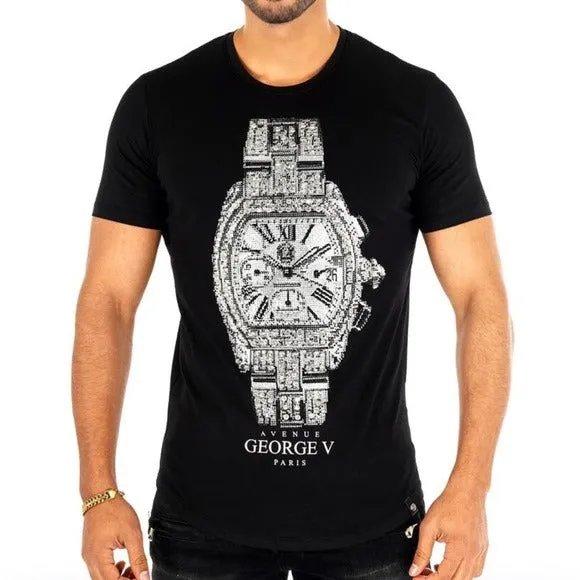 Black Tee George V Designer Brand From Paris Rhinestone sold by Unleashed Streetwear
