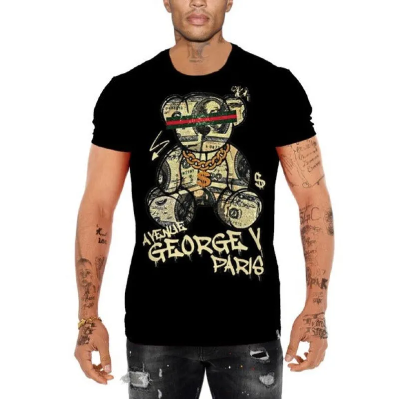 George V Black Designer Men’s Rhinestone Tee Shirt sold by Unleashed Streetwear