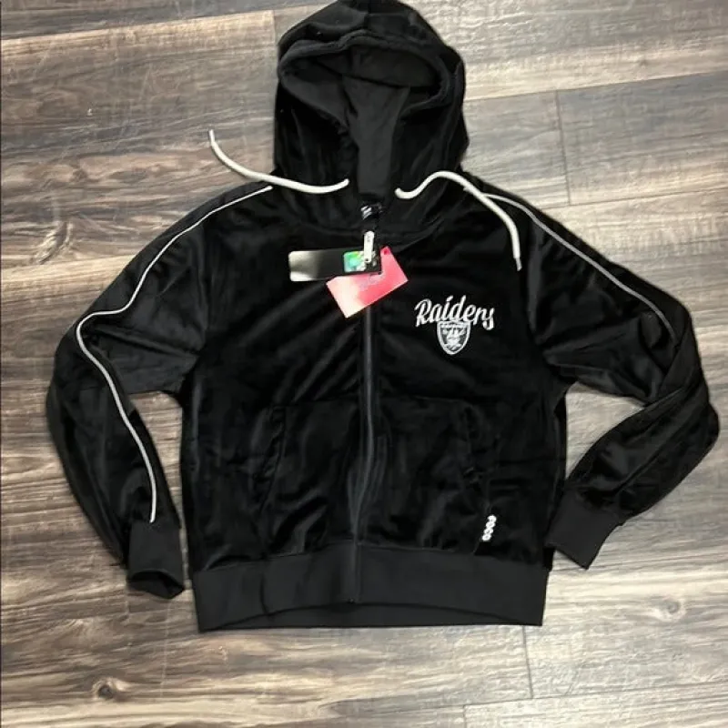 Women’s Black FOCO Sports NFL license Las Vegas Raiders Velour Zip Up Hoodie made by Unleashed Streetwear