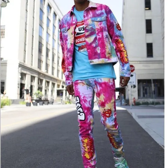 Men’s Cooper 9 Pink Dye Jean Jacket Pants Set sold by Unleashed Streetwear