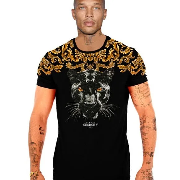 George V Black Gold Designer Men’s Rhinestone Tee Shirt sold by Unleashed Streetwear