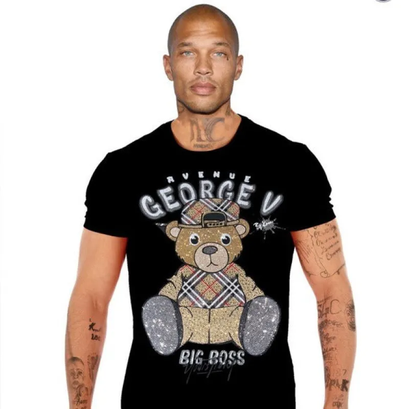 George V Black Designer Men’s Rhinestone Tee Shirt sold by Unleashed Streetwear