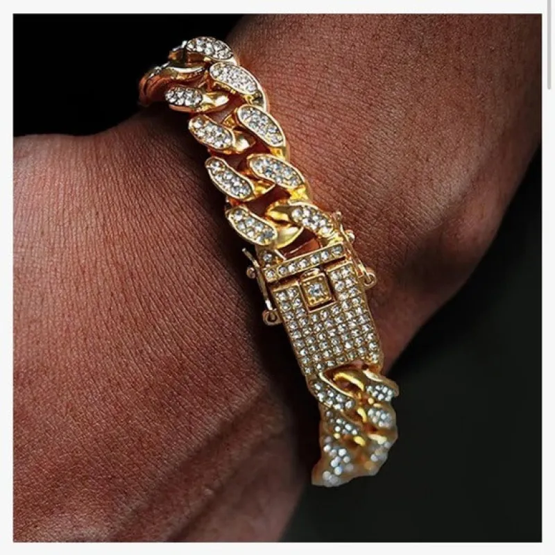 Men's Gold and Rhinestone Cuban Link Bracelet Jewelry sold by Unleashed Streetwear