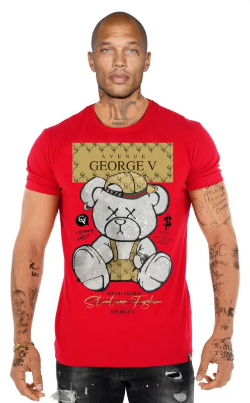 George V Red Bear Designer Men’s Rhinestone Tee Shirt sold by Unleashed Streetwear