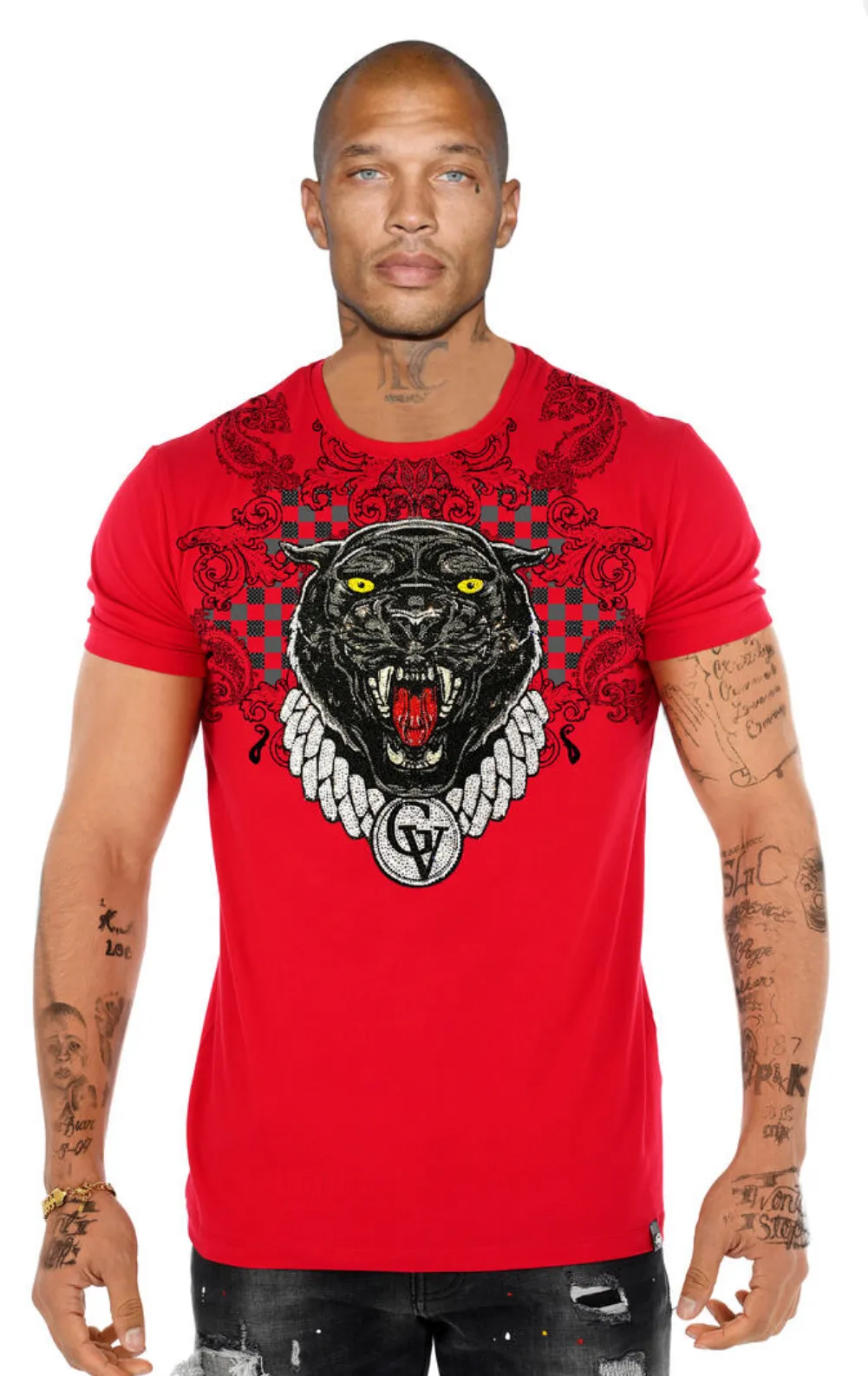 George V Black Panther Red Designer Men’s Rhinestone Tee Shirt sold by Unleashed Streetwear