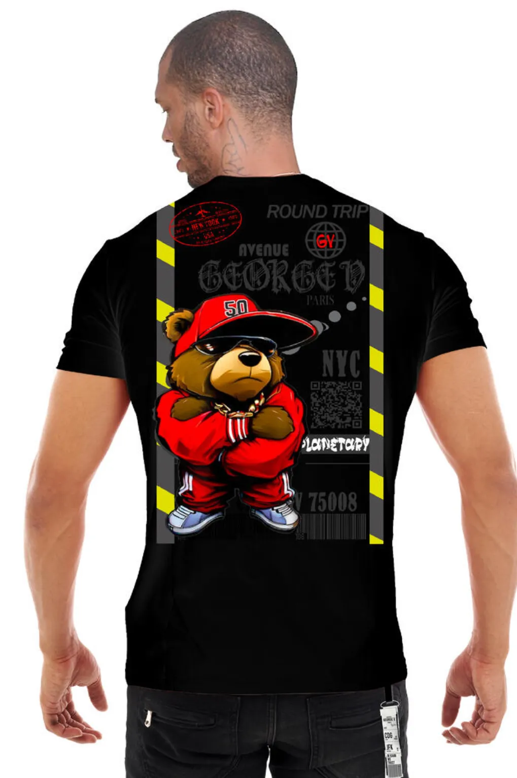 George V Black Caution Bear Designer Men’s Tee Shirt sold by Unleashed Streetwear