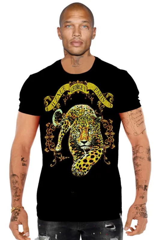 George V Black Gold Leopard Designer Men’s Rhinestone Tee Shirt sold by Unleashed Streetwear