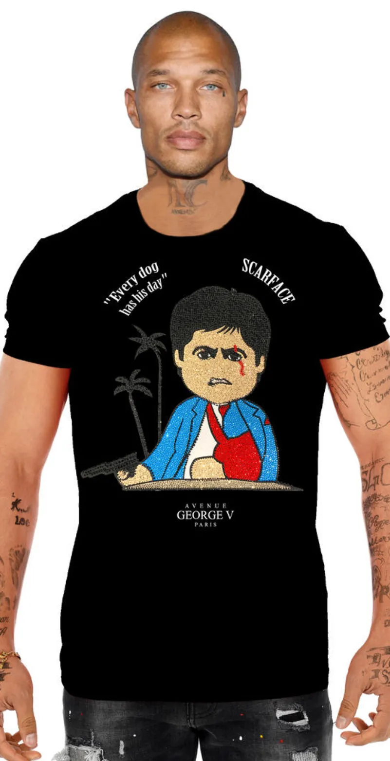 George V Black Scarface Tony Montana Designer Men’s Rhinestone Tee Shirt sold by Unleashed Streetwear