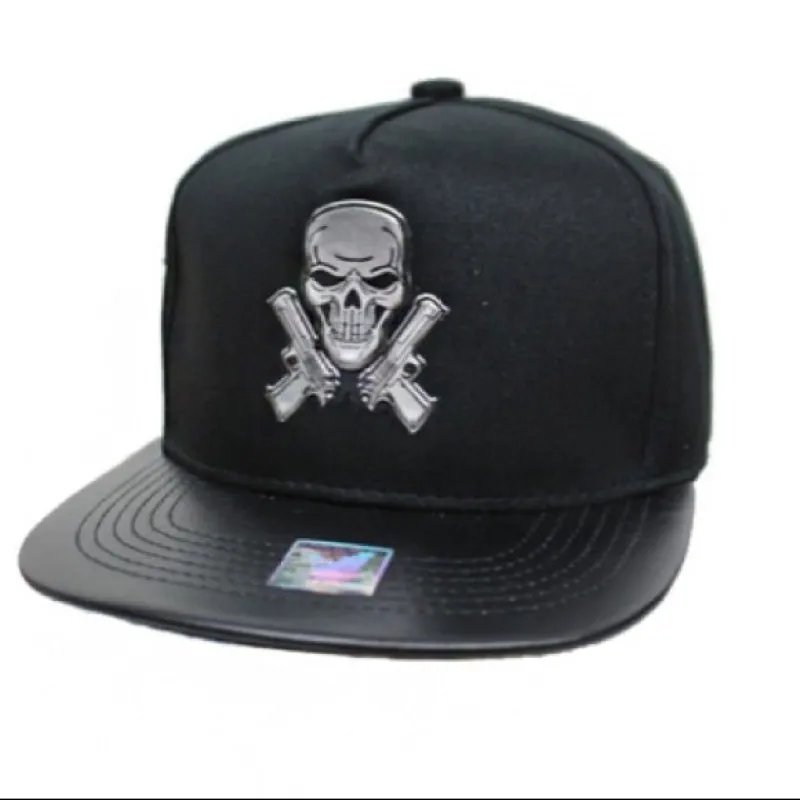 Black Faux leather skull pistol gun snapback hat sold by Unleashed Streetwear