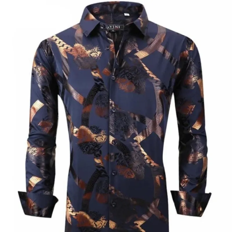Italian Designer Men’s Shiny Navy Blue Gold Button Up Dress Shirt made by Unleashed Streetwear