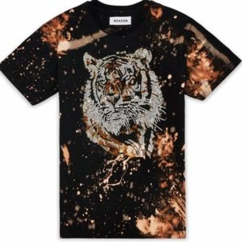 Rhinestone Tiger Black Bleached Mens Tee Shirt sold by Unleashed Streetwear