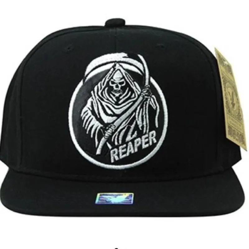 Black white Grim Reaper design snapback hat cap sold by Unleashed Streetwear