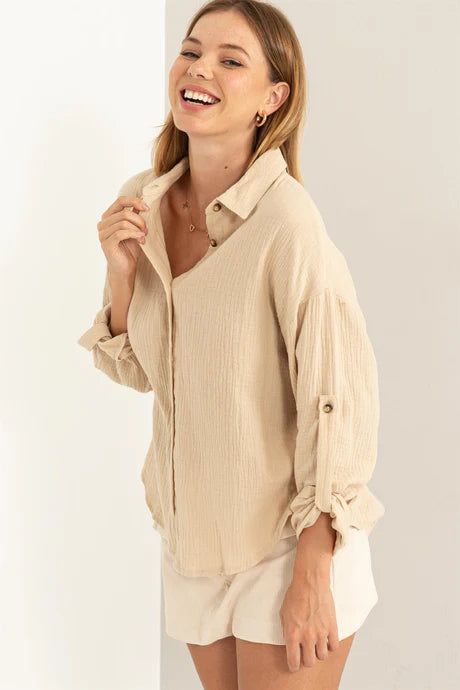 Come Closer Cotton Shirt-Beige sold by Uforia Muse