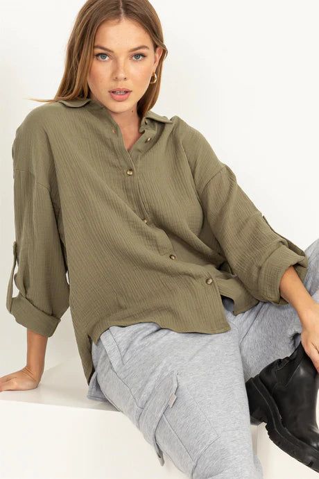 Come Closer Cotton Shirt-Light Olive sold by Uforia Muse