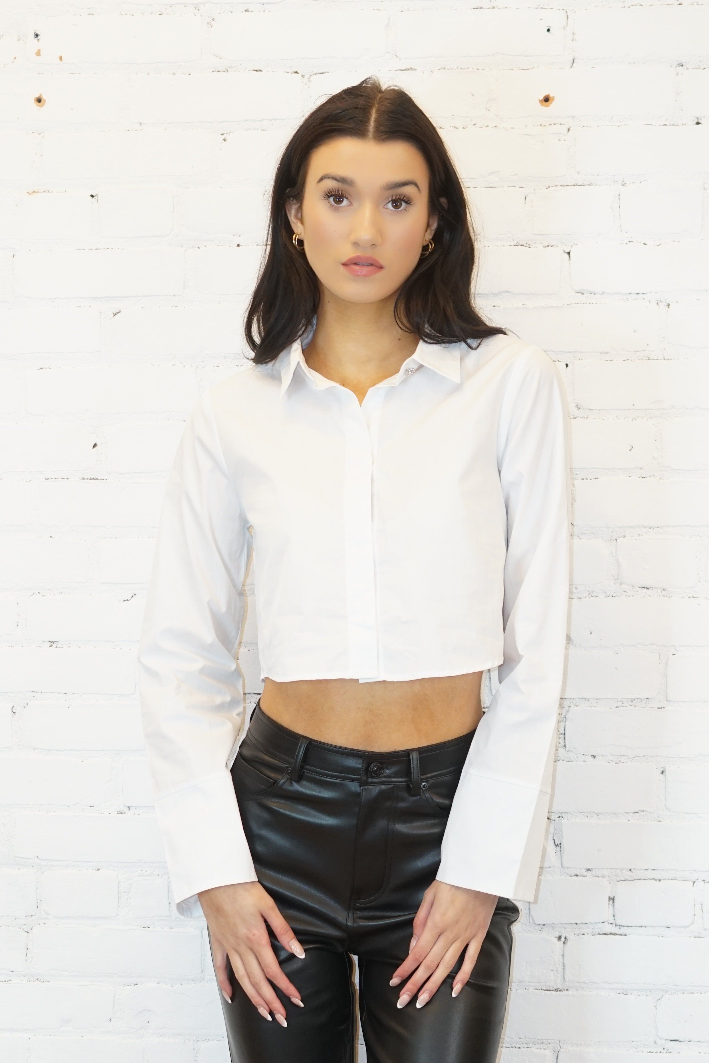 Cropped Button Up Shirt - White - ONLY sold by Uforia Muse