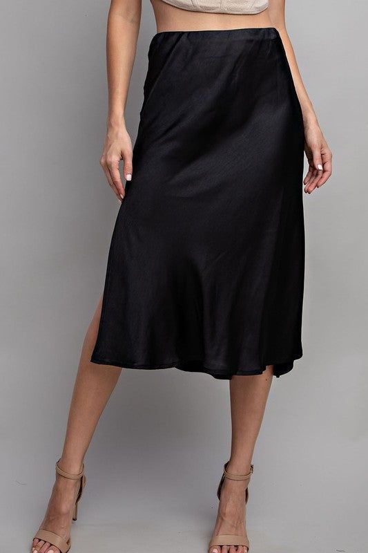 Satin Love Midi Skirt- Black sold by Uforia Muse