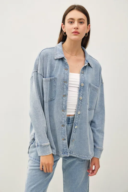 Knit Denim Shacket- Blue sold by Uforia Muse
