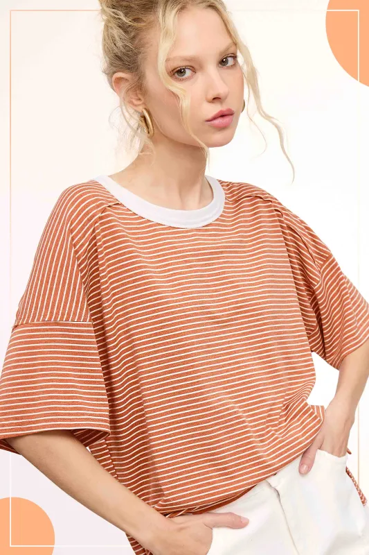 Maze Striped Tee- Rust sold by Uforia Muse