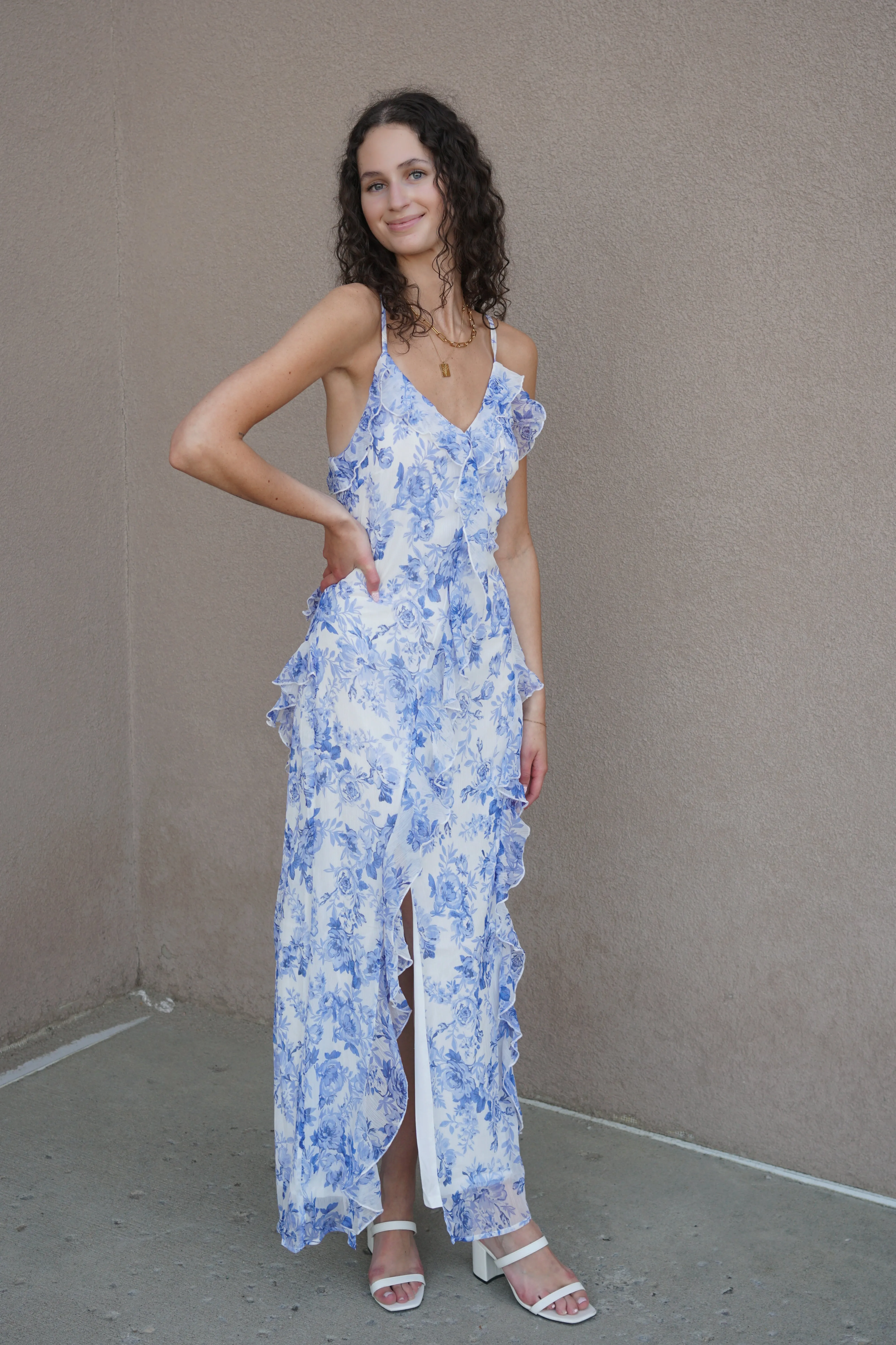 Miriam Frill Long Dress - Porcelain Flowers sold by Uforia Muse