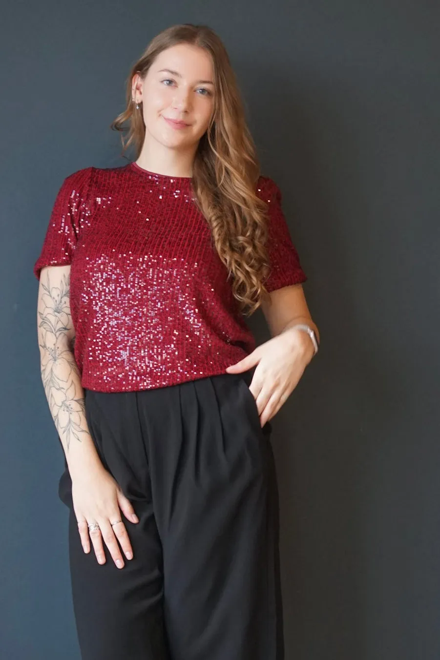 Lana Sequin Top-Wine-Only sold by Uforia Muse