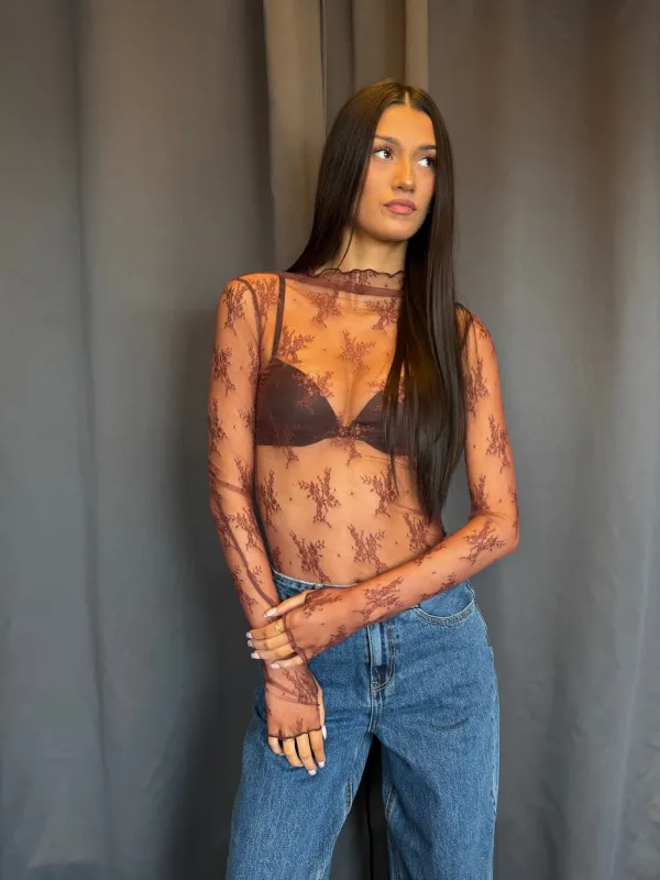 Amelie Lace Highneck Top-Brown made by Timing
