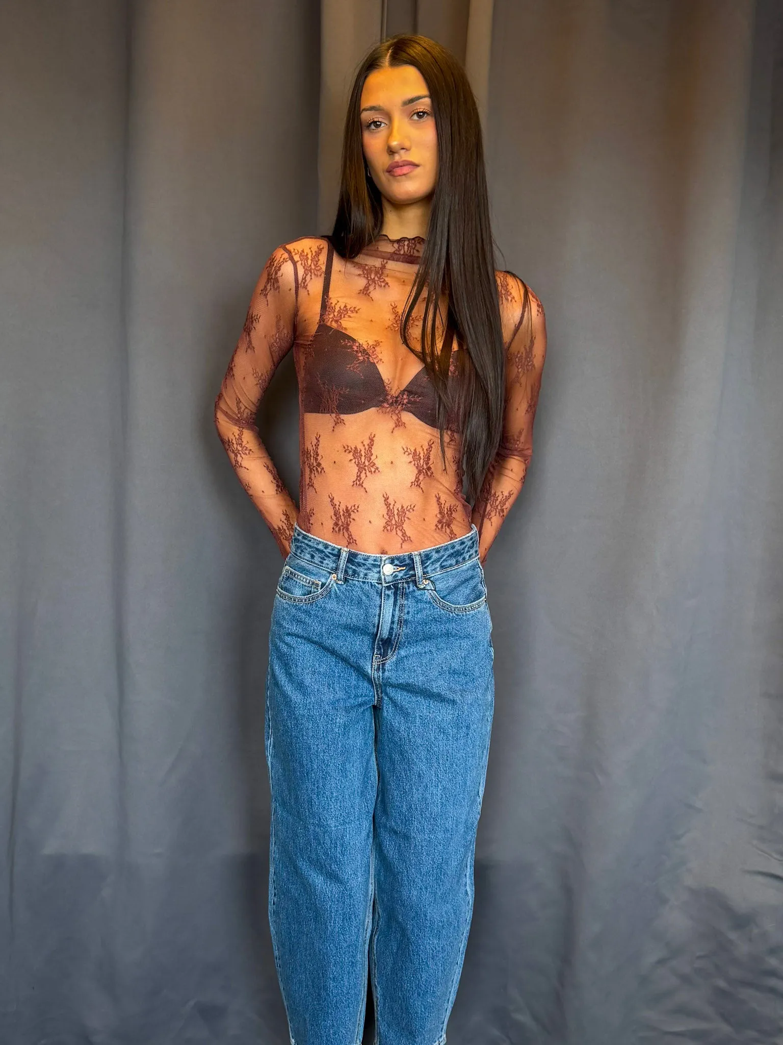 Amelie Lace Highneck Top-Brown sold by Uforia Muse product image thumbnail 3