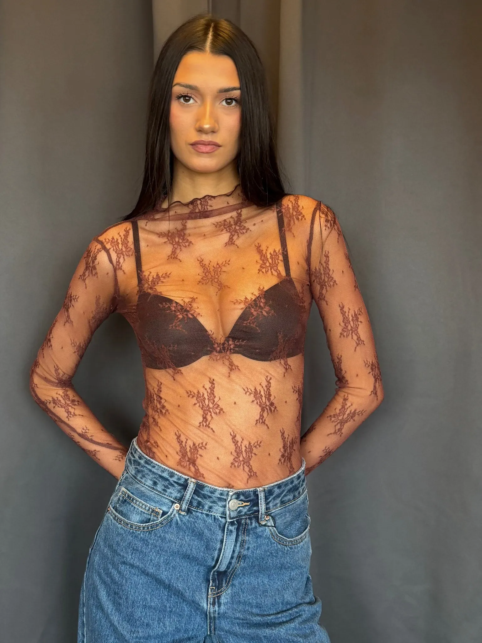 Amelie Lace Highneck Top-Brown sold by Uforia Muse product image thumbnail 2