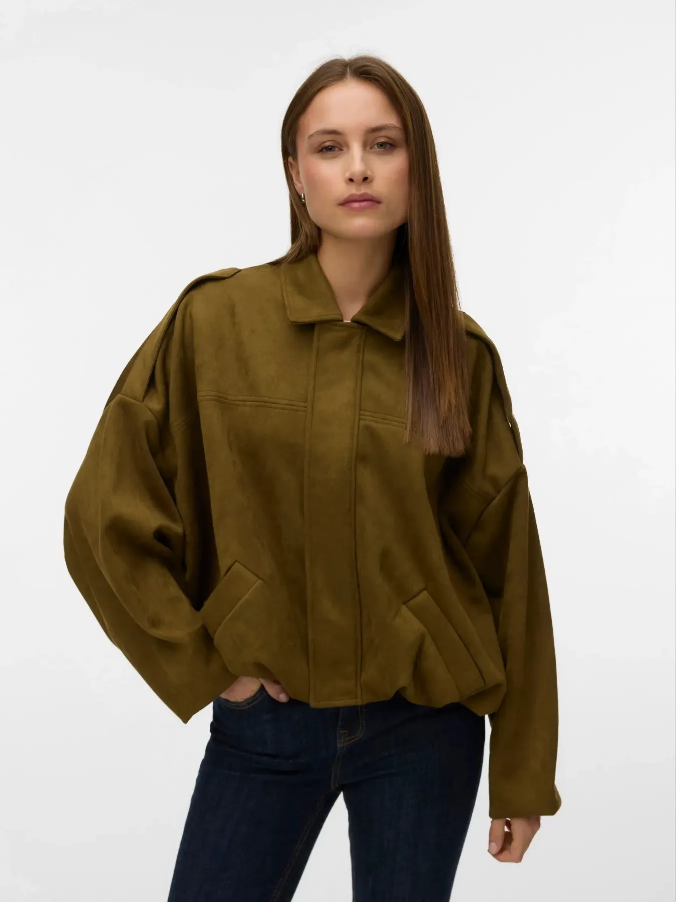Hazel Faux Suede Bomber-Olive-Vero Moda sold by Uforia Muse