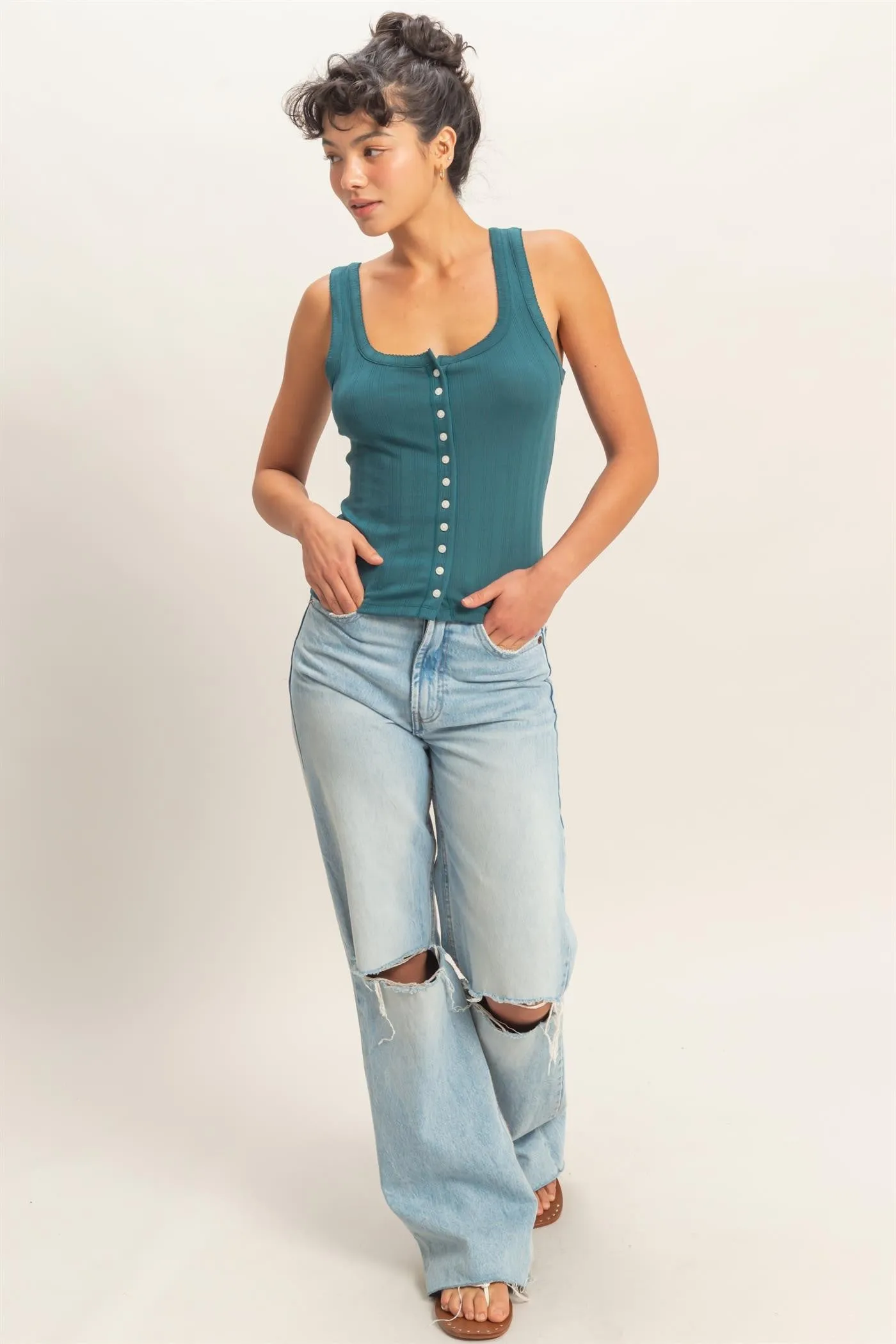 Pointelle Scoop Tank-Dark Teal sold by Uforia Muse
