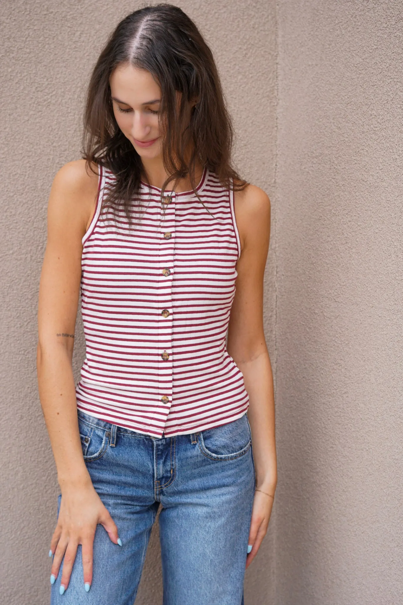Striped Button Sleeveless Top sold by Uforia Muse