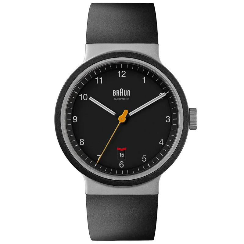BN0278 Braun gents automatic watch - black dial and black rubber strap made by Braun