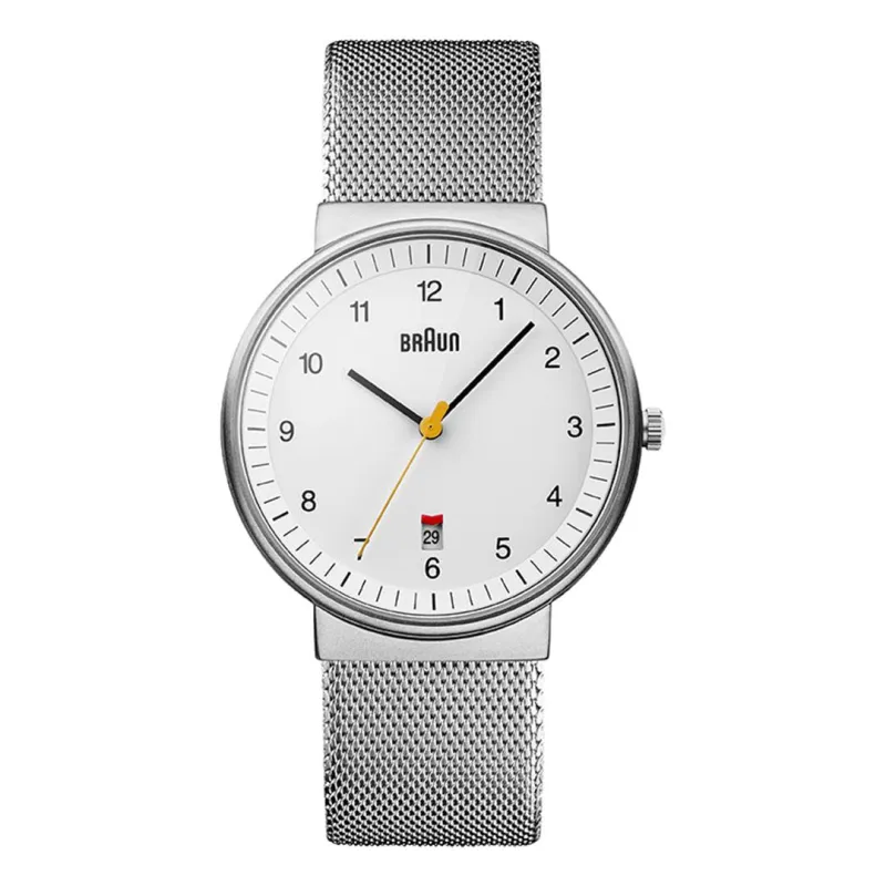 BN0032 Braun gents classic watch - white dial and silver mesh bracelet made by Braun